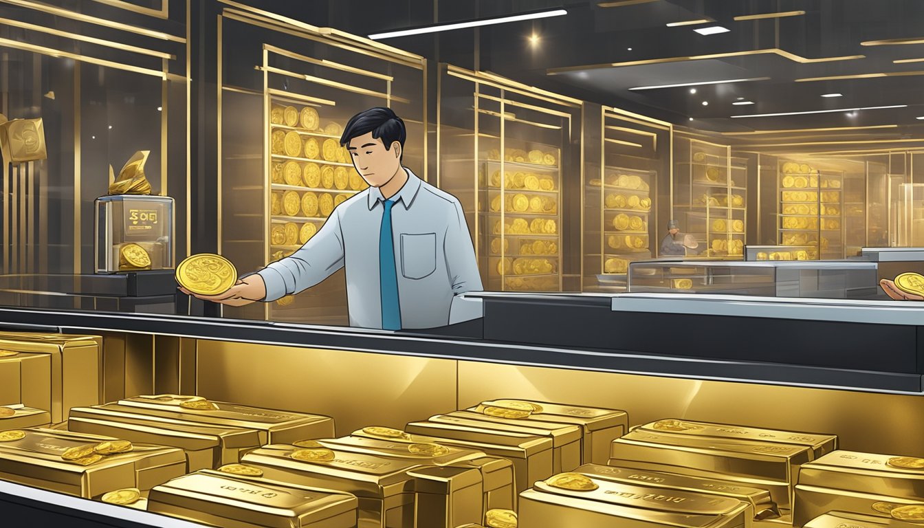 A hand reaches out to purchase physical gold in Singapore. A secure transaction takes place in a modern, well-lit setting, with gold bars and coins on display