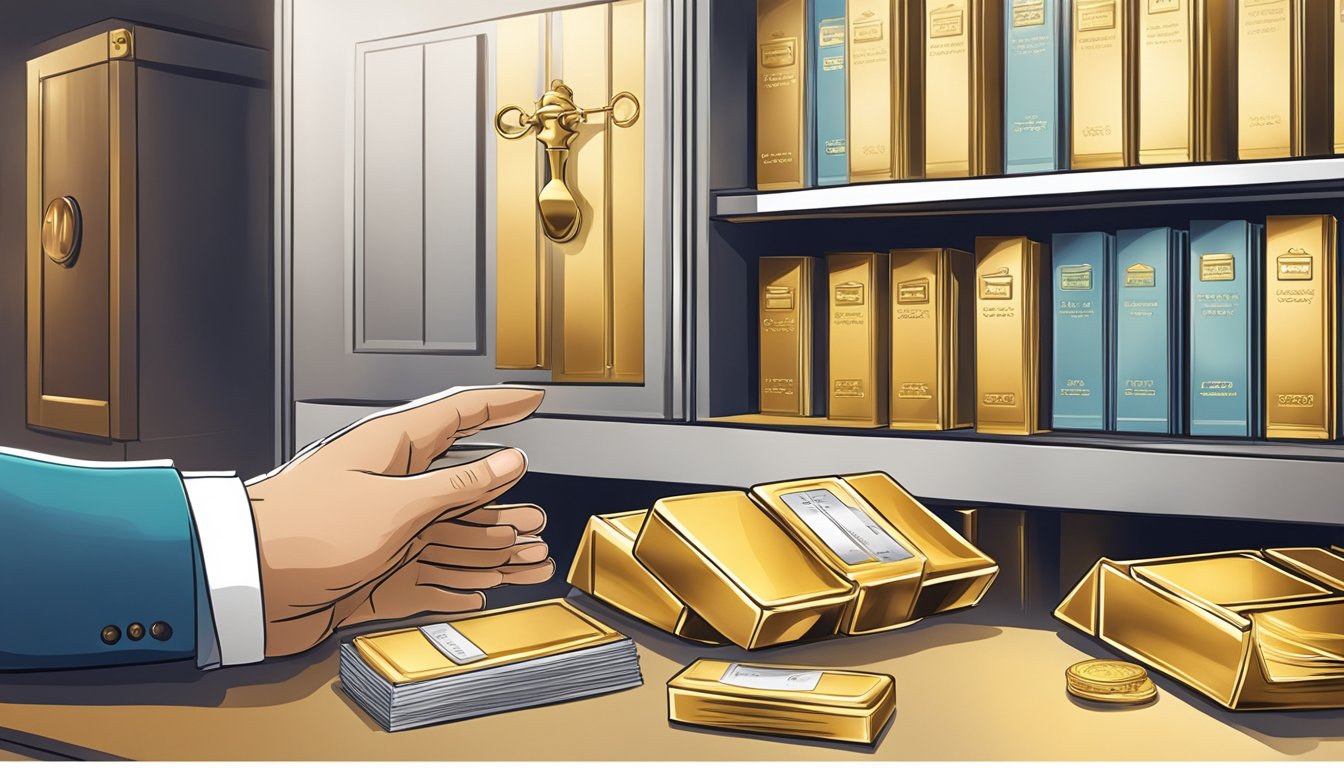 A hand reaches for a gleaming gold bar, surrounded by secure storage options and financial documents