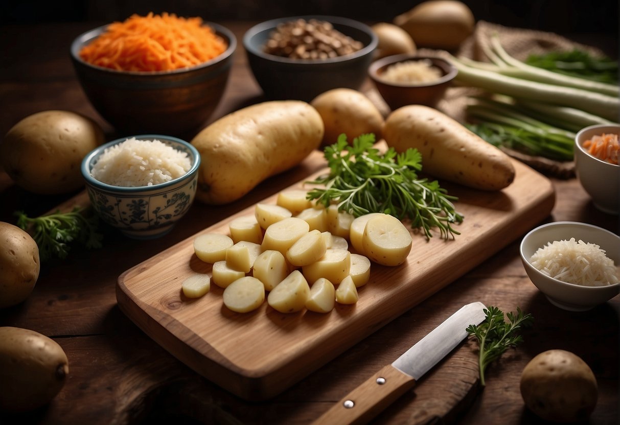 Potatoes and carrots are being chopped on a wooden cutting board, surrounded by traditional Chinese cooking ingredients and utensils