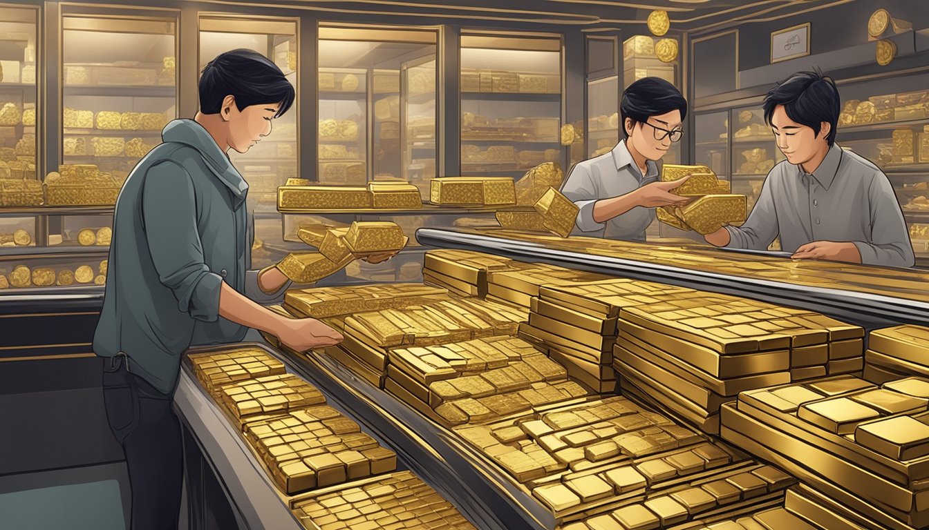 Customers browsing through a variety of gold bars and coins at a reputable gold dealer in Singapore