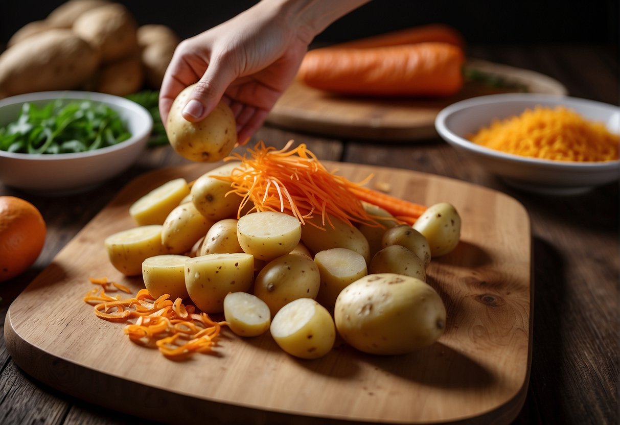 Hand reaching for potato and carrot, laid out on a wooden cutting board, with other Chinese recipe ingredients nearby