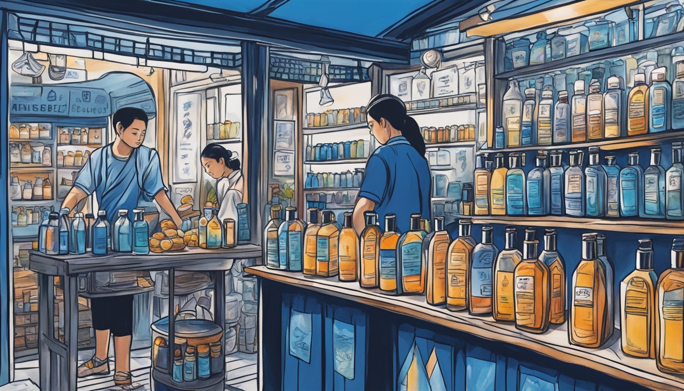 A vibrant market stall in Singapore displays bottles of Jagua ink, enticing passersby with its deep blue hue and promises of temporary body art
