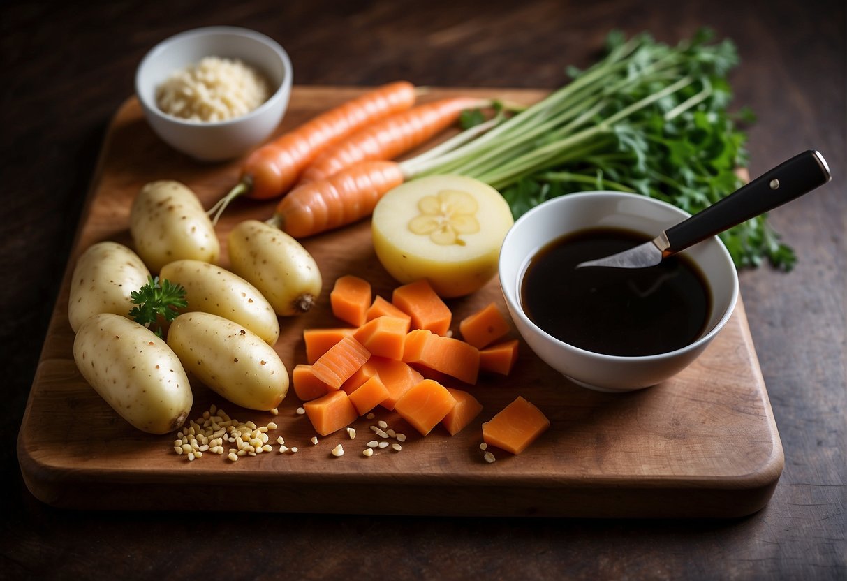 Potatoes and carrots being peeled and chopped on a wooden cutting board with a sharp knife. Bowls of soy sauce, ginger, and garlic nearby