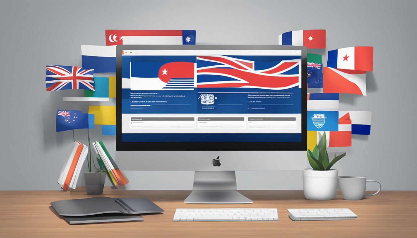 A computer screen displaying the Adidas website with the Singapore flag in the background