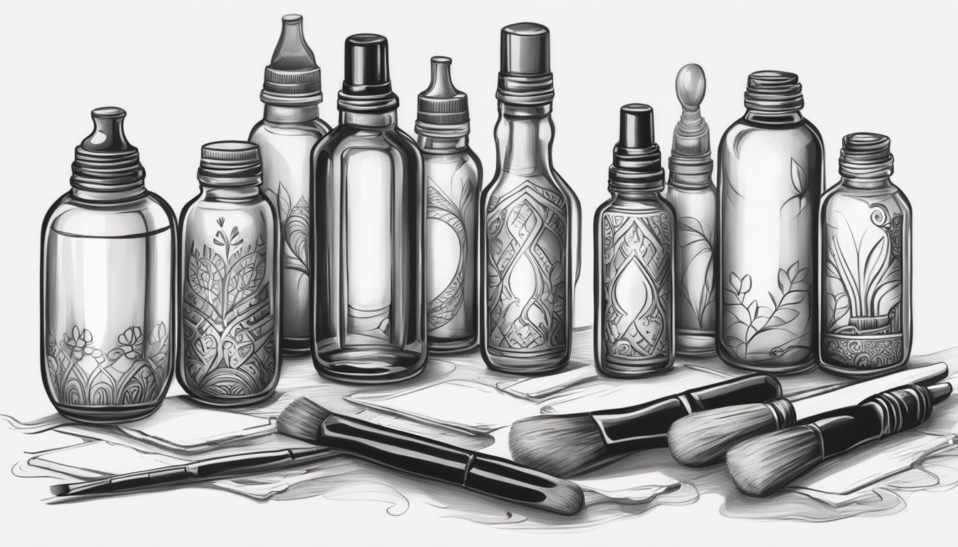 A table with jagua ink bottles, brushes, and stencils. A blank canvas ready for the artistic process to begin
