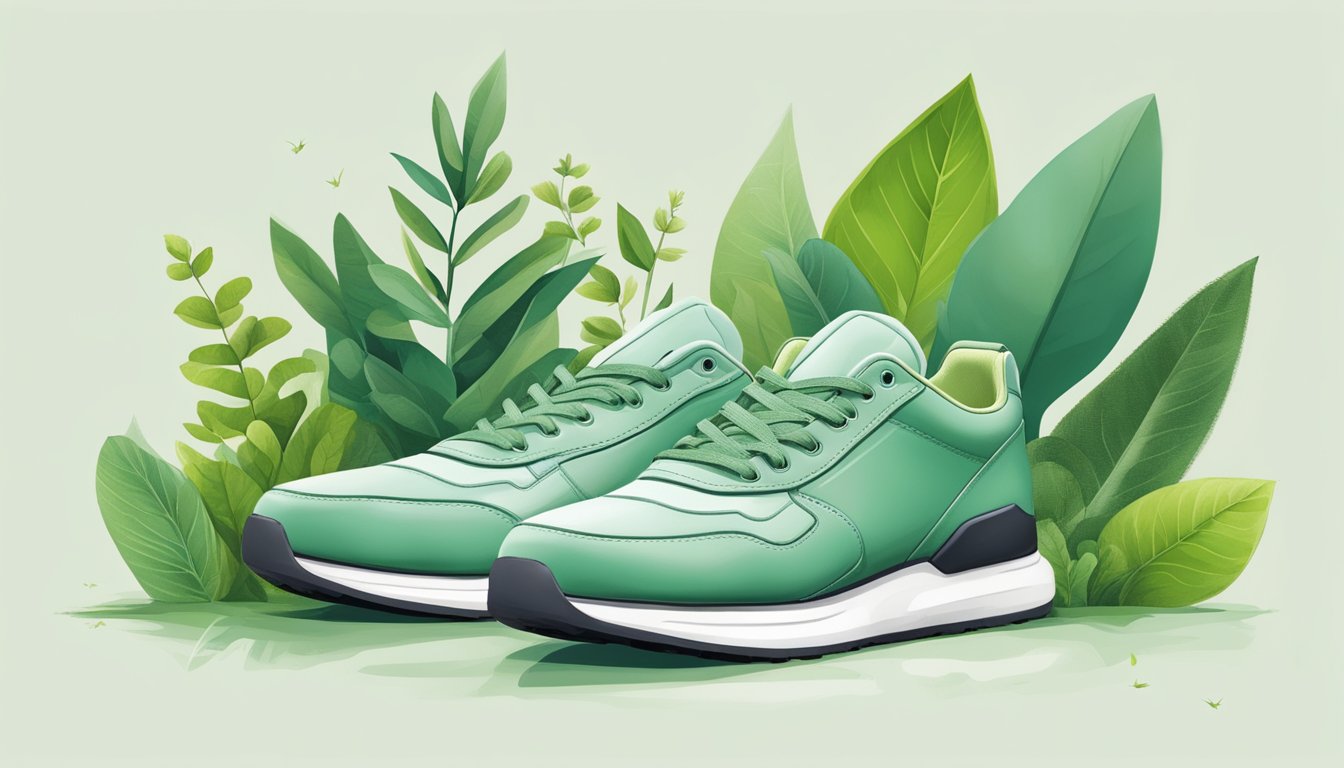 A modern, eco-friendly sneaker made of recycled materials, surrounded by lush greenery and sleek, minimalist design elements