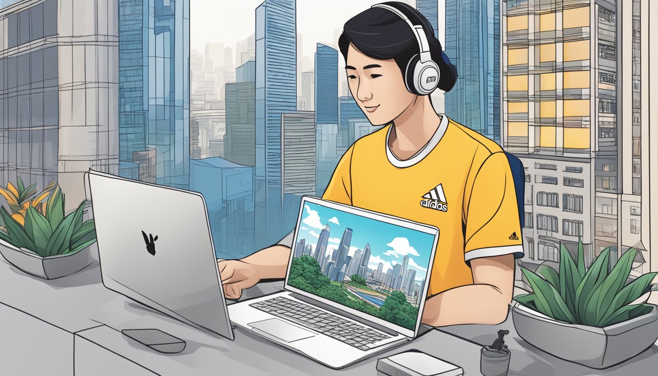 Customers browsing adidas website, clicking on FAQ section, with Singaporean landmarks in the background