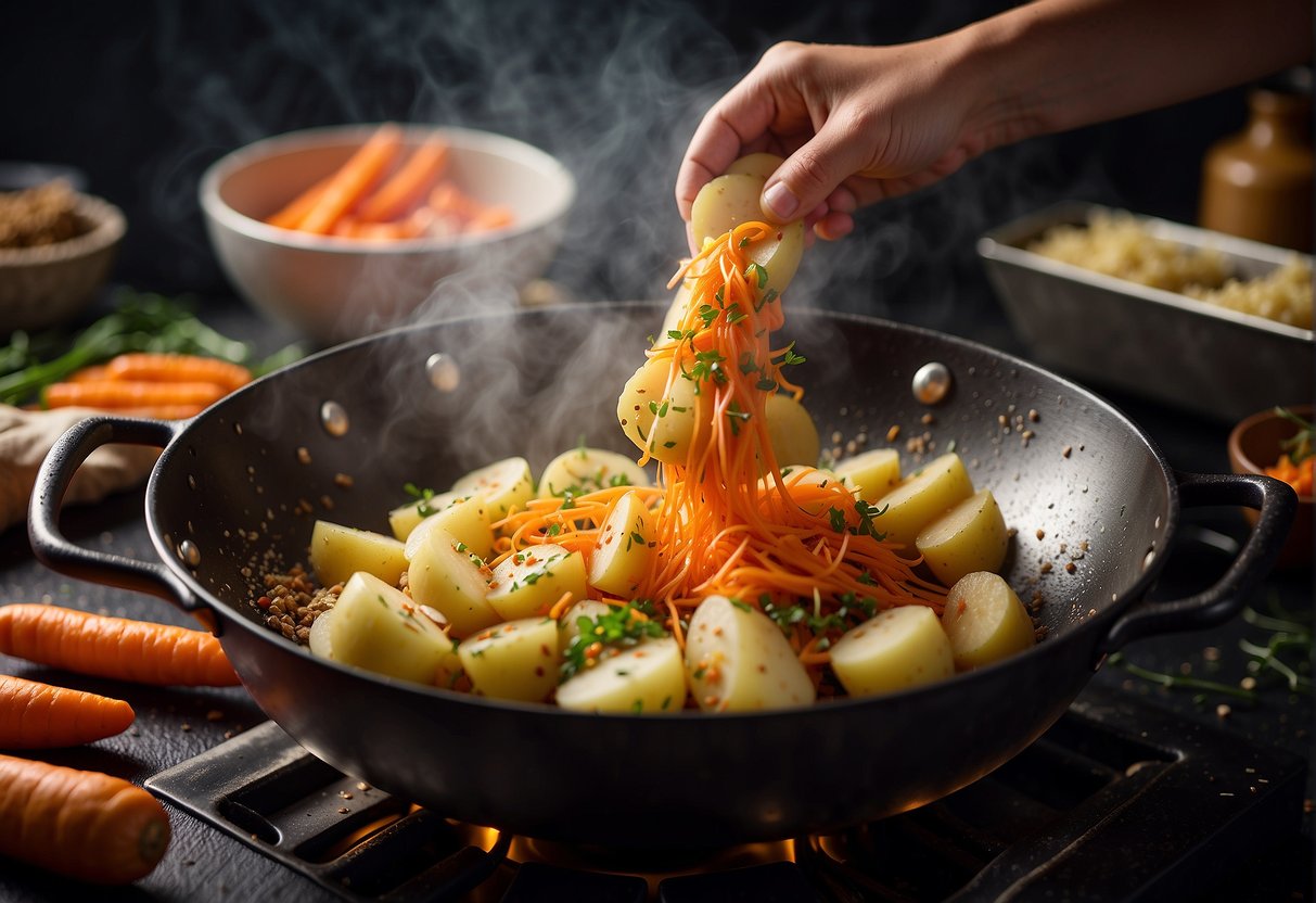 Potatoes and carrots being chopped and mixed with Chinese spices in a sizzling wok