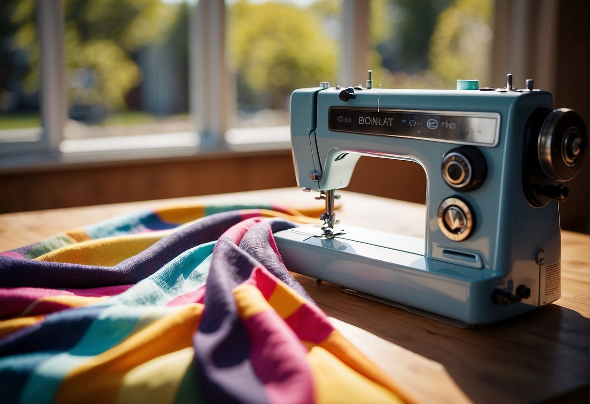 A sewing machine sits on a sturdy table, surrounded by colorful fabric, thread, pins, and measuring tape. An open window reveals a sunny outdoor setting