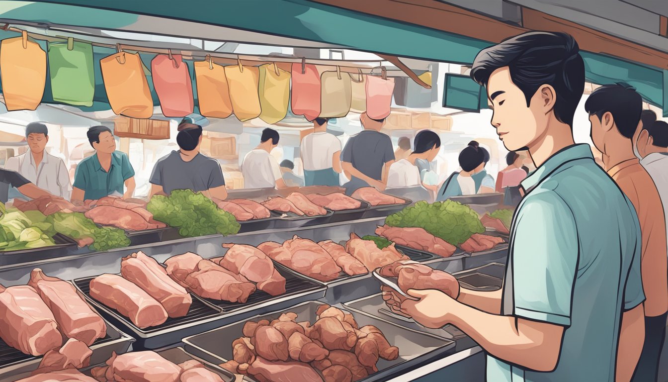A person purchasing pork shoulder at a market in Singapore
