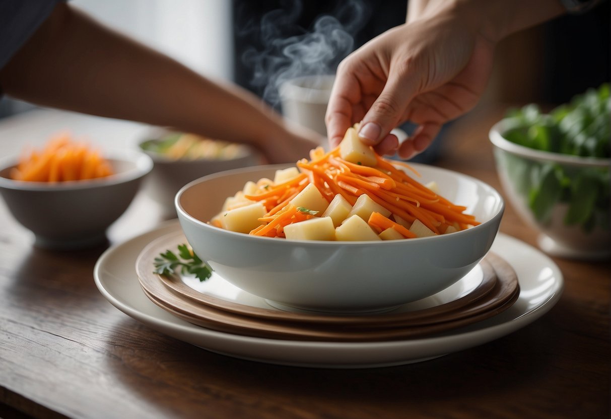 A hand reaches for a steaming bowl of potato and carrot Chinese dish, while a stack of white plates and chopsticks sit nearby on a wooden table