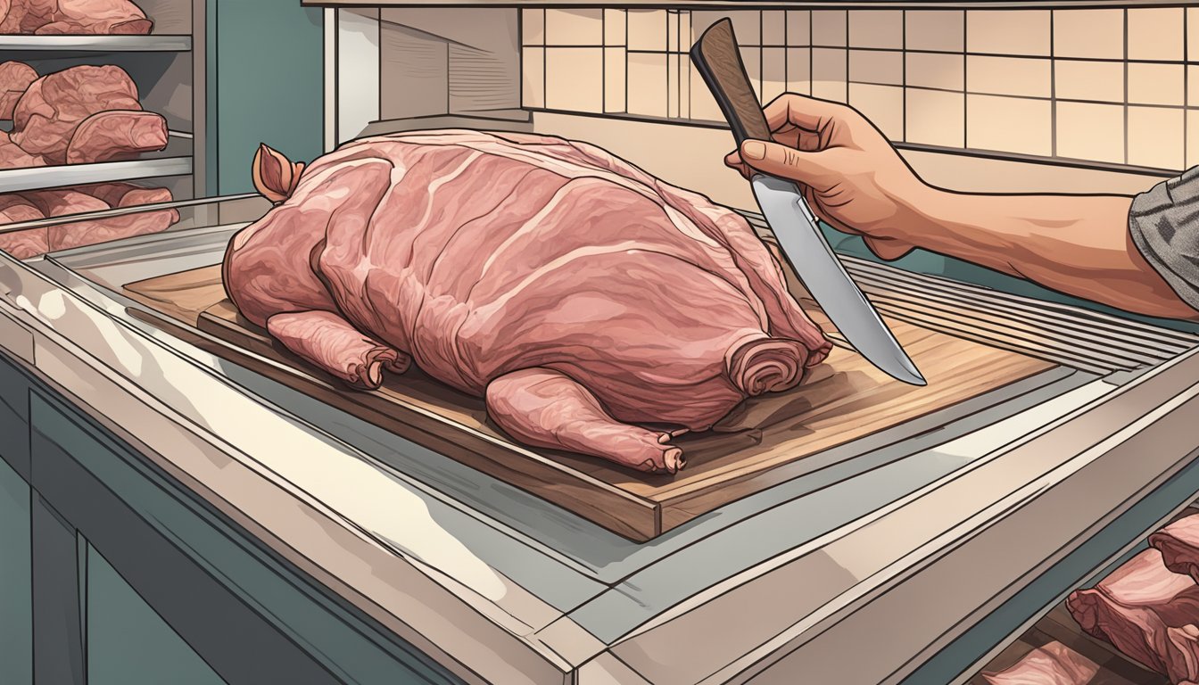 A hand reaches for a marbled pork shoulder in a display case at a local butcher shop. The meat is glistening with fat, and the butcher's knife is poised to make the perfect cut