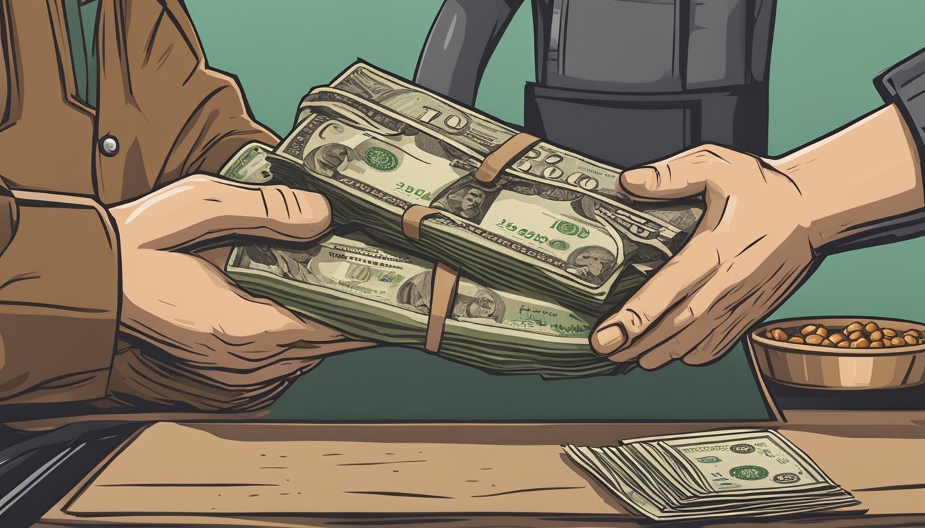 A customer hands over cash to a butcher, who weighs a pork shoulder and wraps it in brown paper