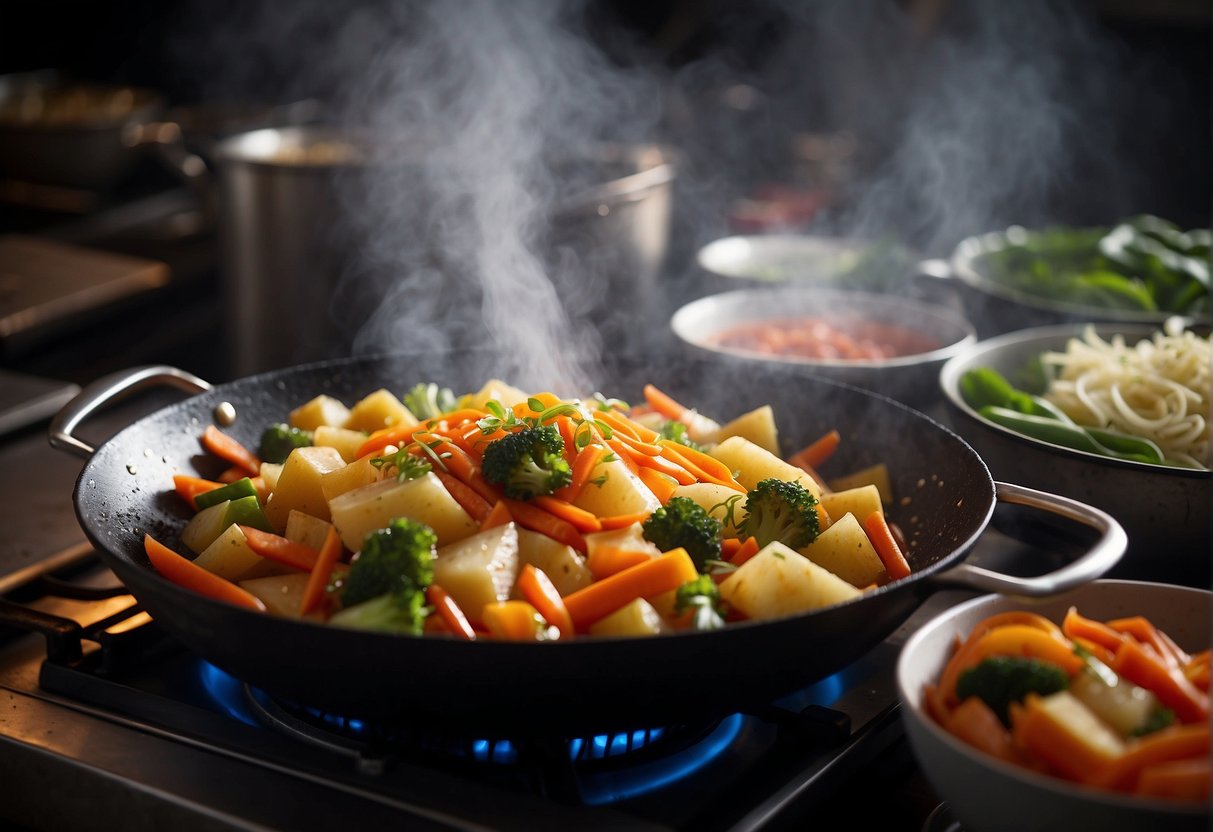 A steaming wok sizzles with diced potatoes and carrots, as a fragrant Chinese sauce is drizzled over the colorful vegetables