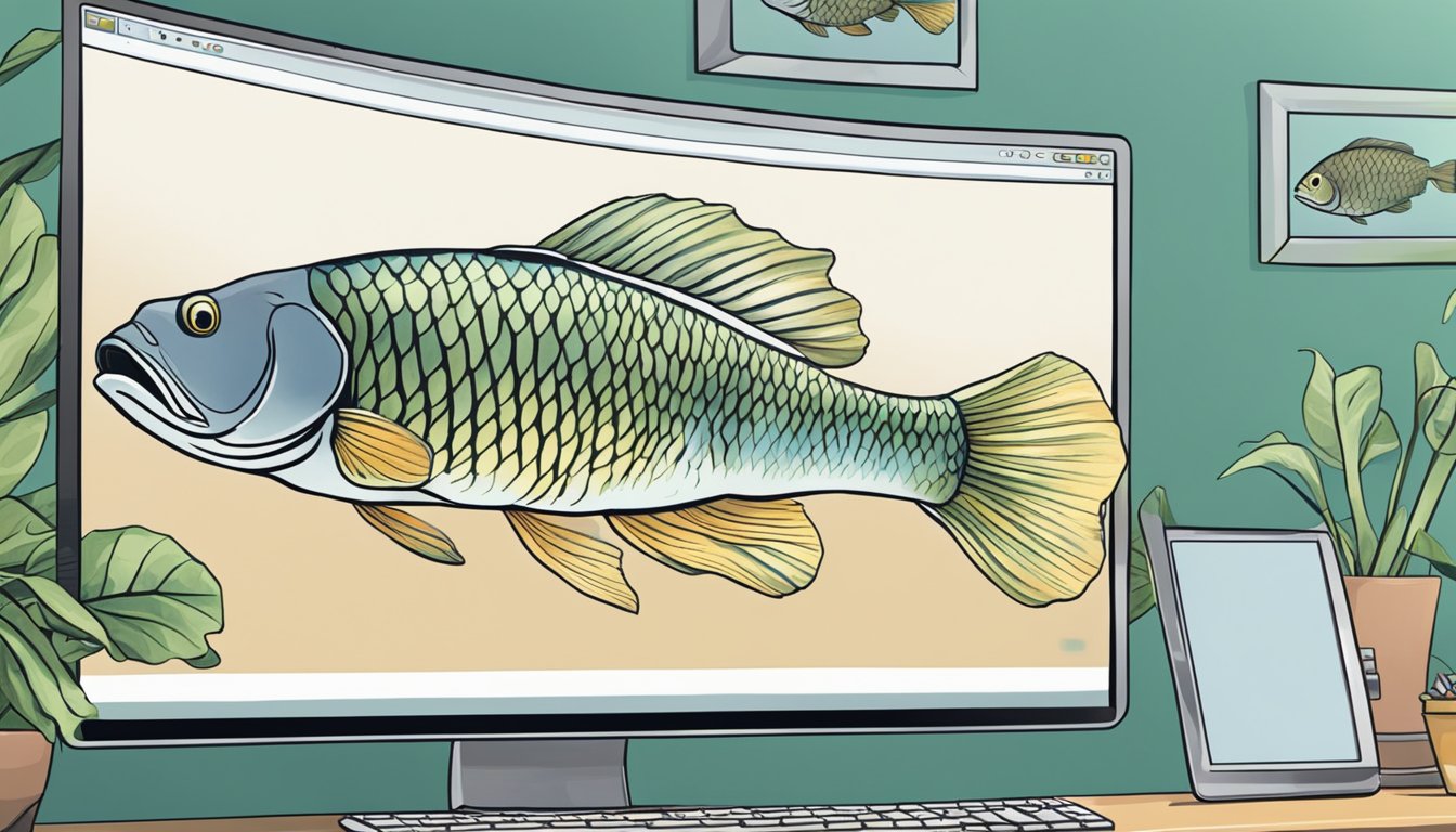 A customer clicks "Add to Cart" for an arowana fish on a computer screen. The fish tank sits nearby, ready for its new inhabitant