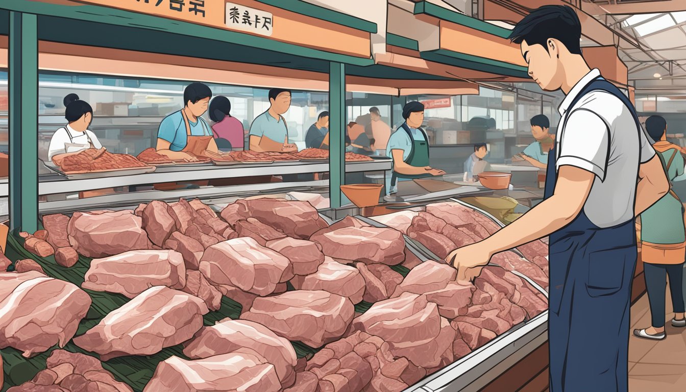 A customer browsing through a display of pork shoulder cuts at a Singaporean market, with a sign reading "Frequently Asked Questions" in the background