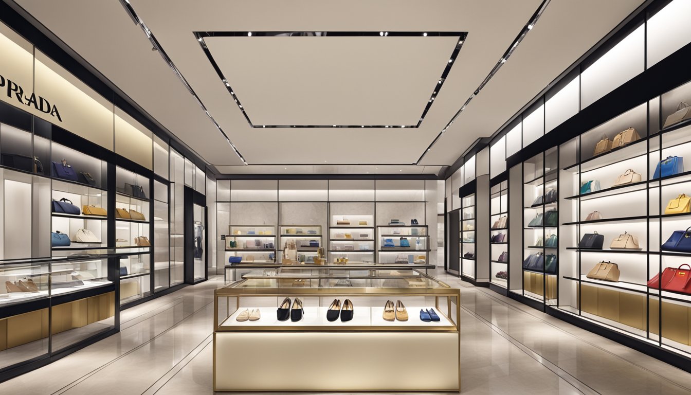 A pristine Prada store in Singapore, with sleek, modern architecture and a display of luxury goods