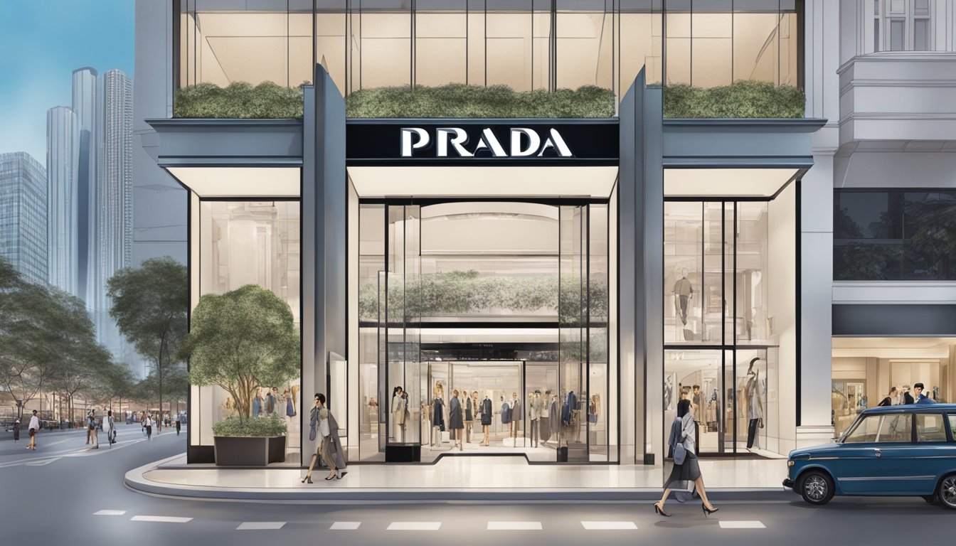 A luxurious Prada store stands out in the bustling city of Singapore, with its sleek and modern design drawing in shoppers from all around
