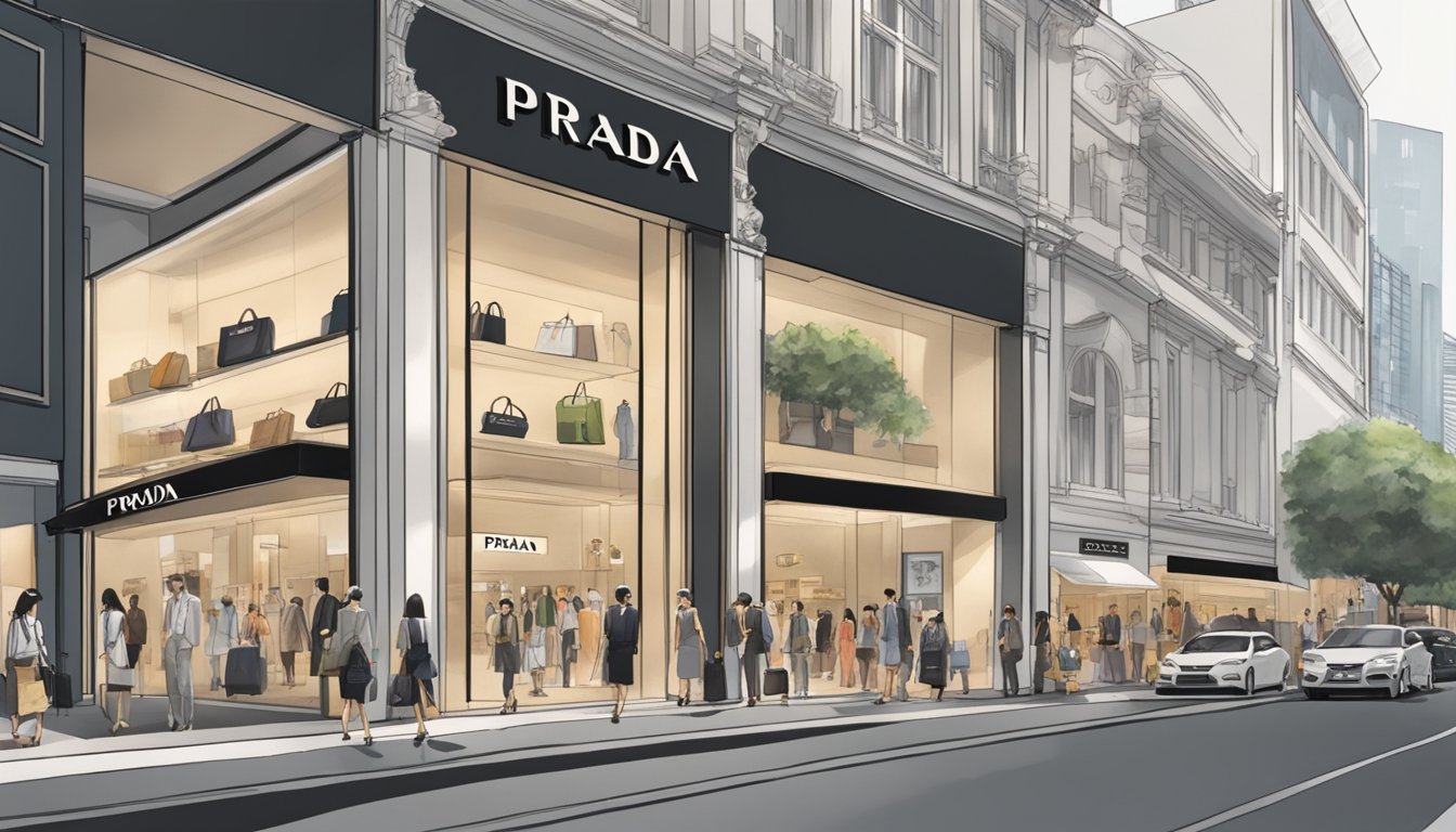 A bustling street in Singapore, with a sleek and modern Prada boutique standing out among the other high-end stores. The storefront is adorned with the iconic Prada logo, and stylish shoppers can be seen entering and exiting the store