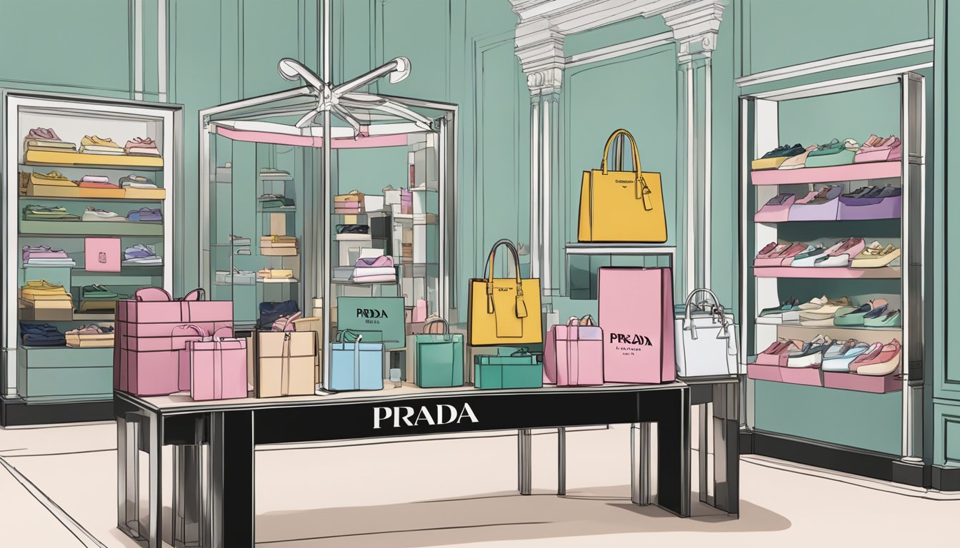 A table with a stack of Prada shopping bags, a display of various Prada products, and a sign that reads "Frequently Asked Questions" in a Prada boutique in Singapore