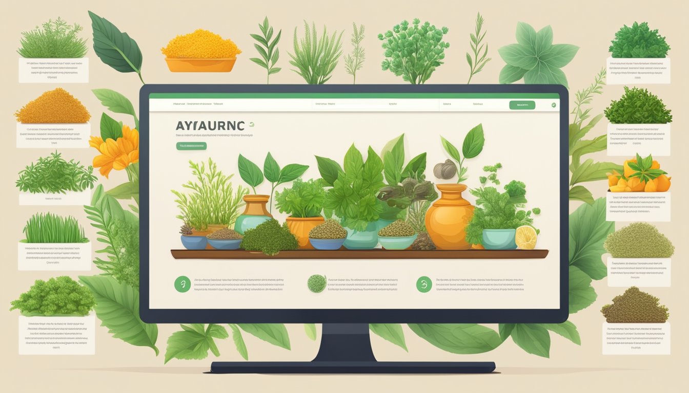 A computer screen displays various Ayurvedic herbs for sale online. Vibrant images and detailed descriptions entice the viewer to explore and purchase