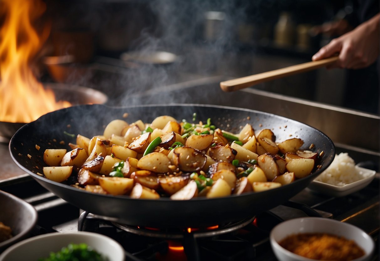 A wok sizzles as potatoes are stir-fried with garlic, ginger, and soy sauce in a bustling Chinese kitchen. A chef expertly tosses the ingredients, creating a mouth-watering aroma
