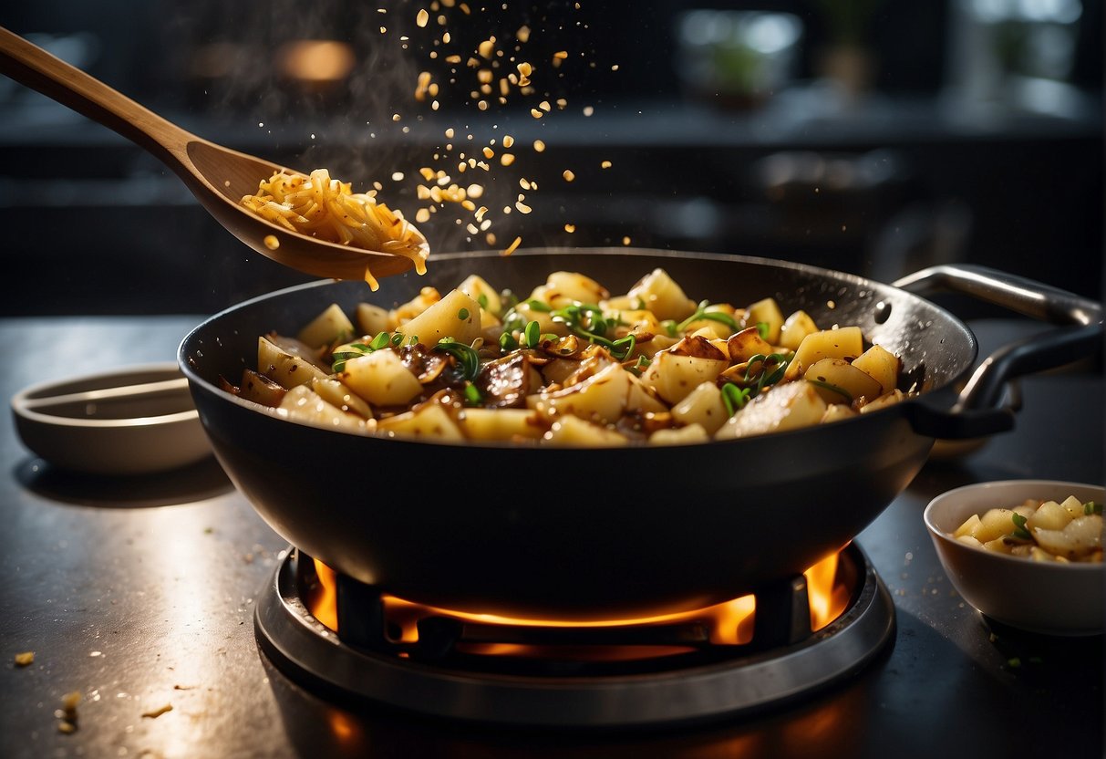 A wok sizzles with diced potatoes, stir-frying in fragrant garlic and ginger. A splash of soy sauce adds depth to the dish