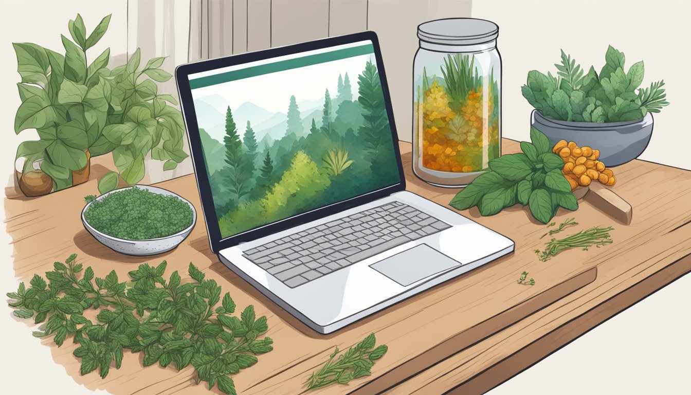 A hand reaches for a laptop, clicking to purchase ayurvedic herbs online. A jar of herbs sits on a counter, ready for use
