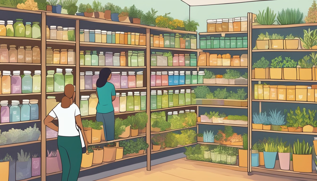 Customers browsing shelves of colorful ayurvedic herbs, a sign above reading "Frequently Asked Questions buy ayurvedic herbs online"