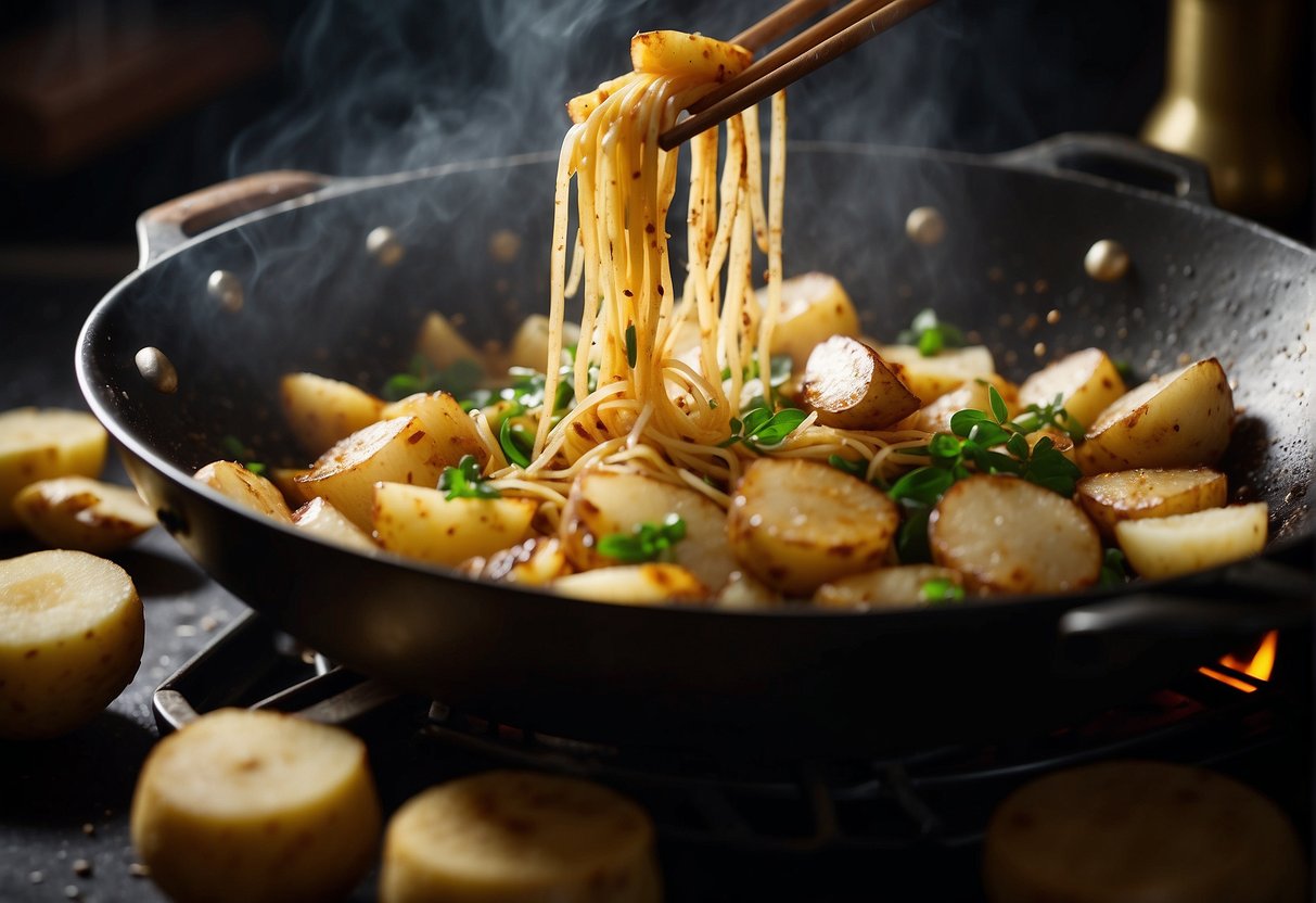 A wok sizzles with diced potatoes, stir-frying in fragrant garlic and ginger. A splash of soy sauce adds depth to the classic Chinese potato dishes