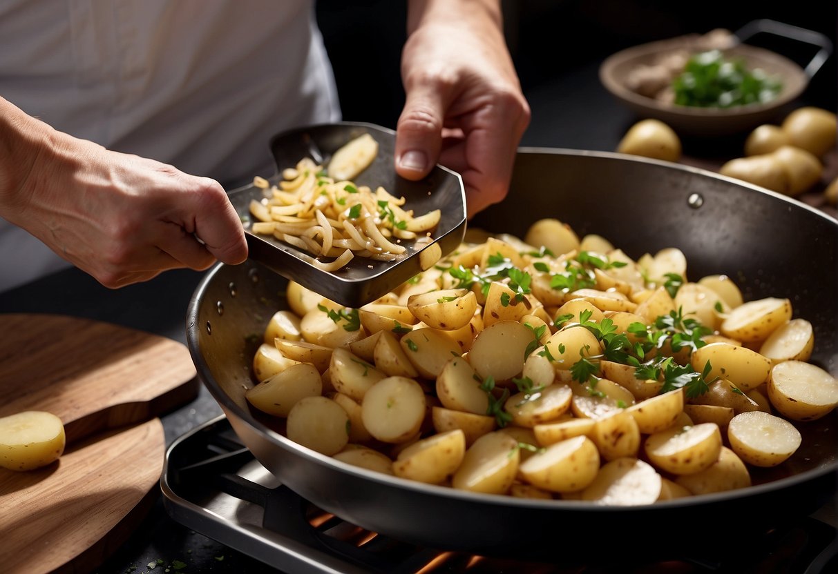 Potatoes being sliced, diced, and stir-fried in a wok with Chinese seasonings. A chef's hand holding a wok spatula, tossing the ingredients