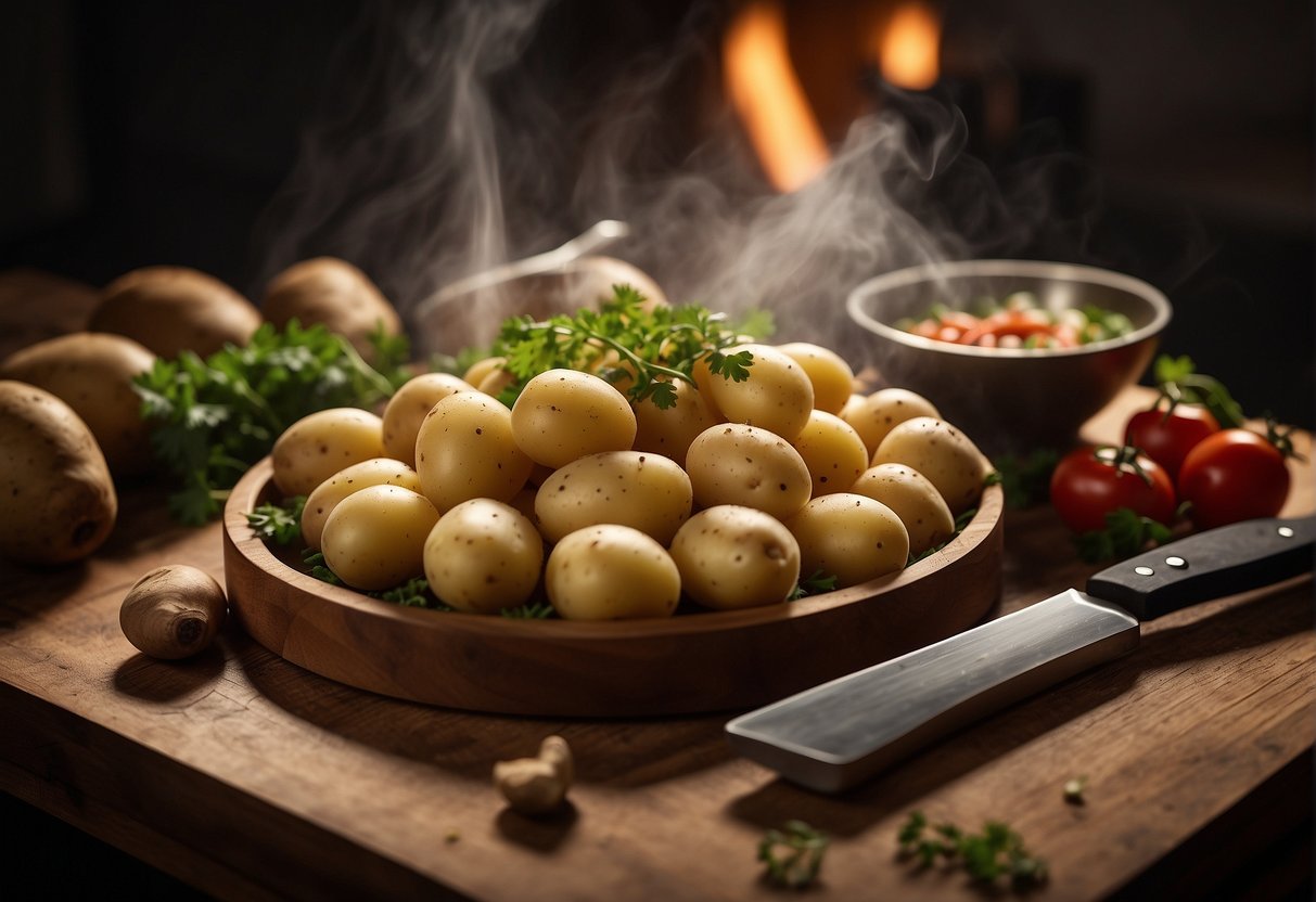 Potatoes and Chinese ingredients arranged on a wooden cutting board with a chef's knife. A steaming wok and serving platter nearby