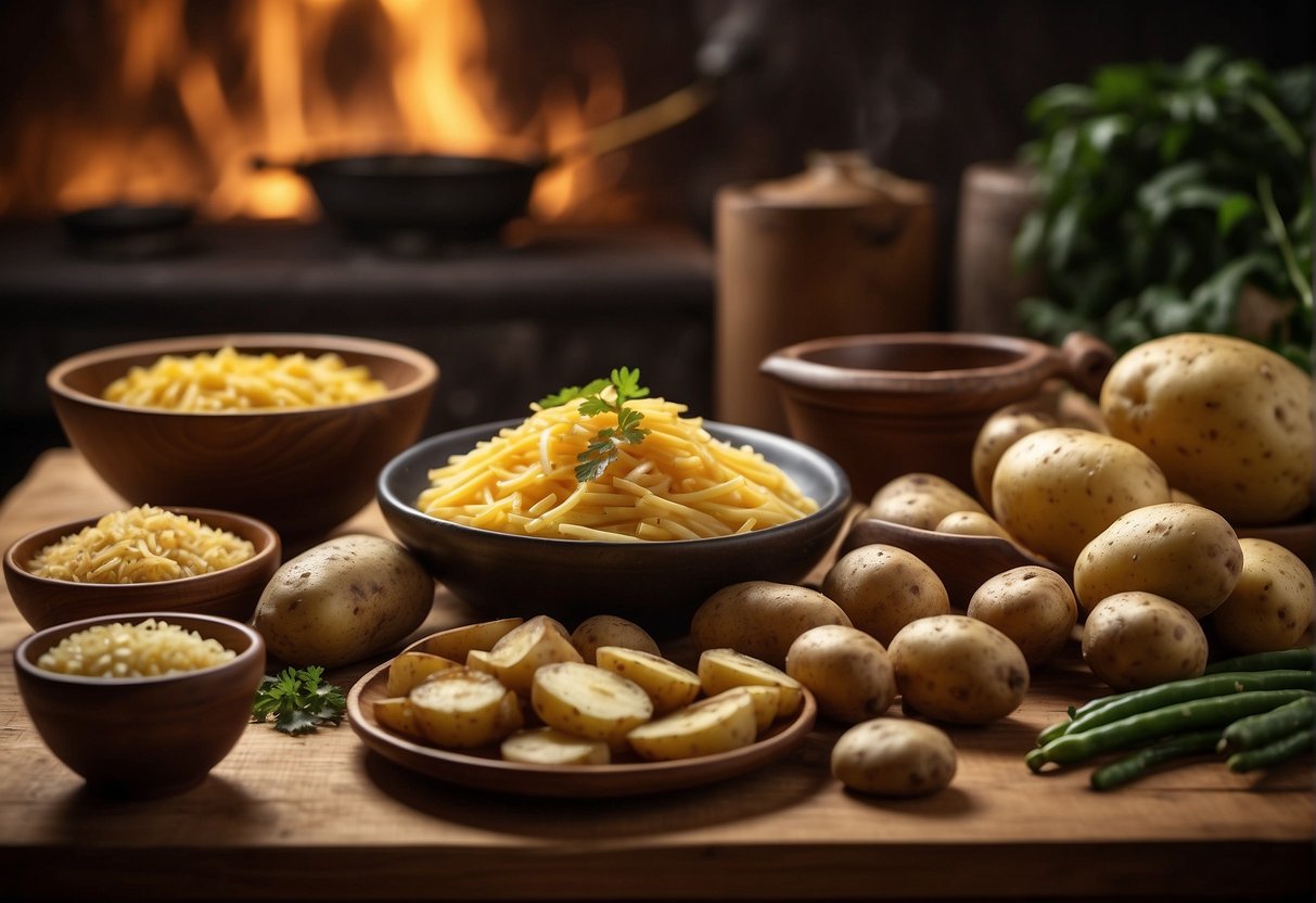 A table displays a variety of potato recipes, with Chinese cooking utensils nearby. Nutritional information and dietary considerations are highlighted