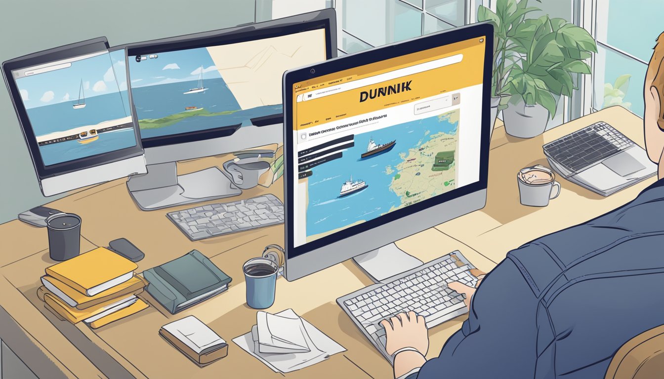 A computer screen displaying the Dunkirk movie website. A cursor hovers over the "Buy Now" button as the search bar reads "watch Dunkirk online."