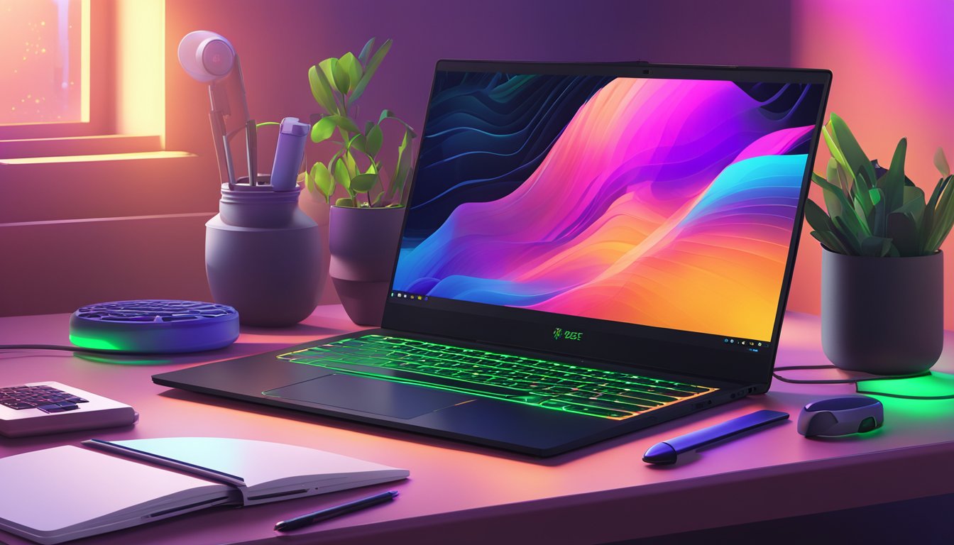 A sleek Razer Blade laptop sits on a clean, modern desk, surrounded by high-tech accessories and bathed in soft, ambient lighting