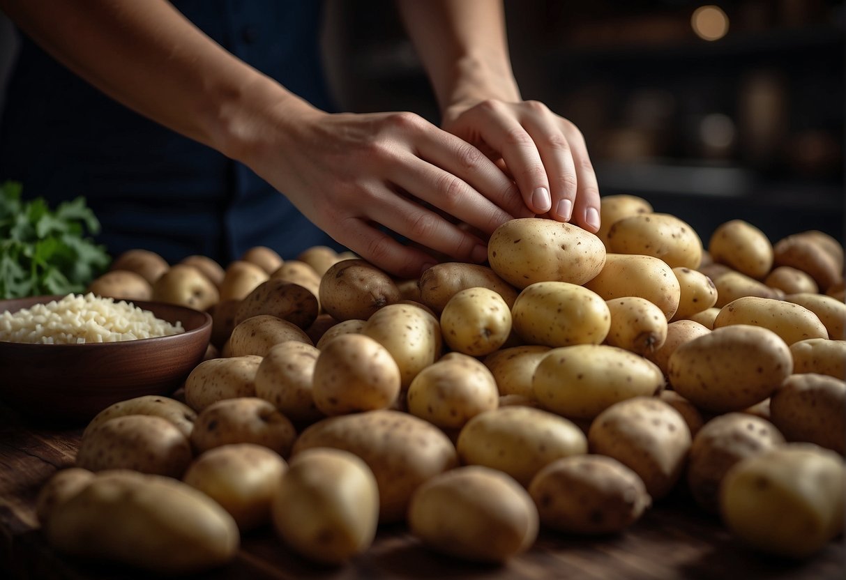 A hand reaches for a pile of assorted potatoes, selecting the perfect ones for a Chinese-style recipe