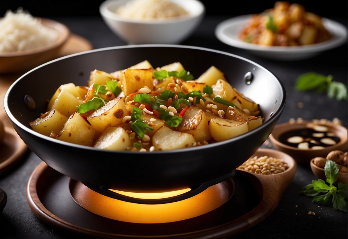 A wok sizzles with diced potatoes, ginger, and garlic in a fragrant Chinese-style sauce. Bowls of soy sauce, rice vinegar, and sesame oil sit nearby for flavoring