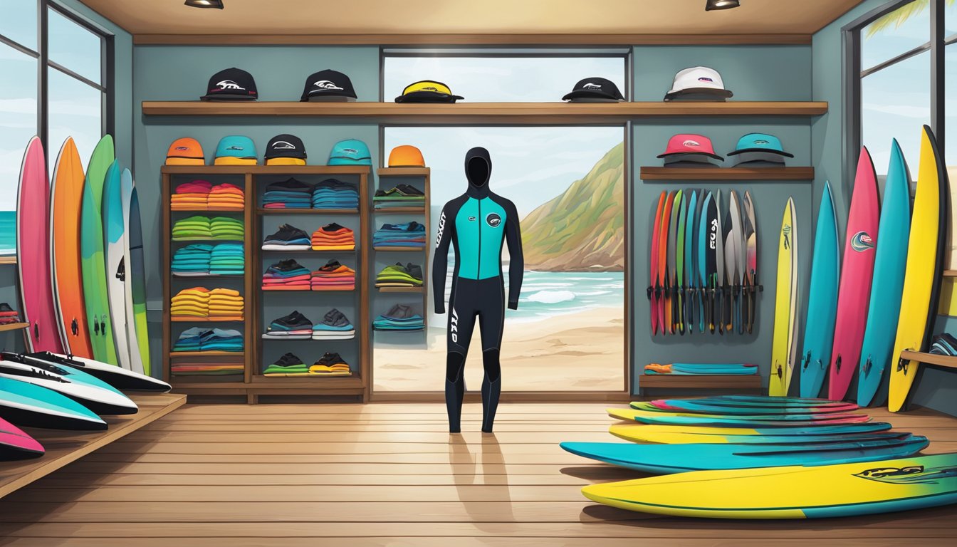 A colorful display of Rip Curl products arranged on shelves, with vibrant surfboards and wetsuits showcased in the background