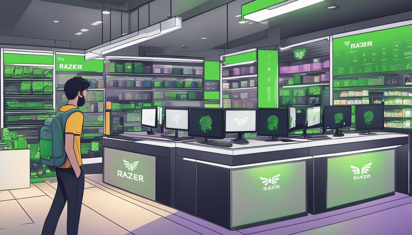 Customers browsing through a display of Razer products with a sign reading "Frequently Asked Questions buy Razer Singapore" above the counter