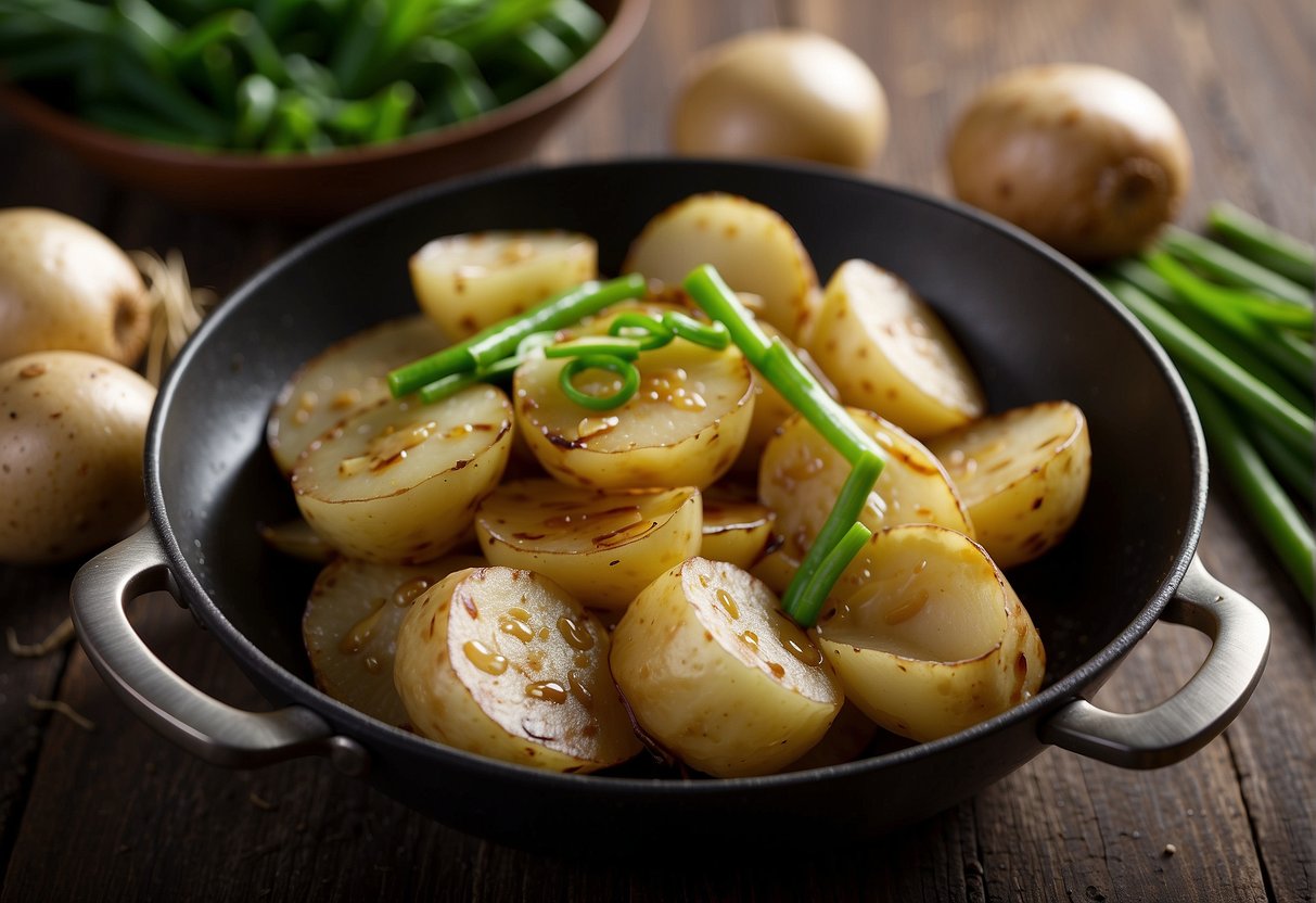 Potatoes sliced thin, stir-fried in wok with garlic and ginger. Soy sauce and vinegar added, then simmered until tender. Garnish with green onions