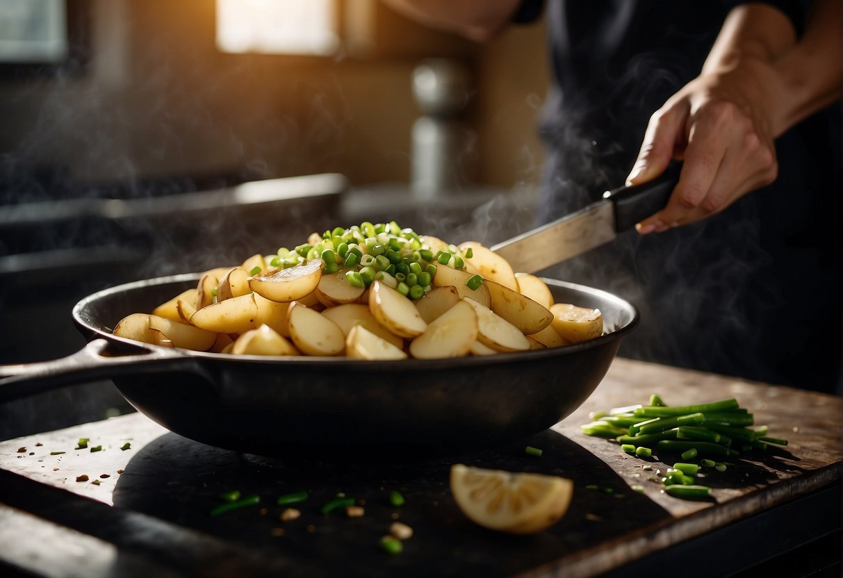 Potatoes being sliced and stir-fried with garlic, ginger, and green onions in a wok. Soy sauce and vinegar being added for flavor