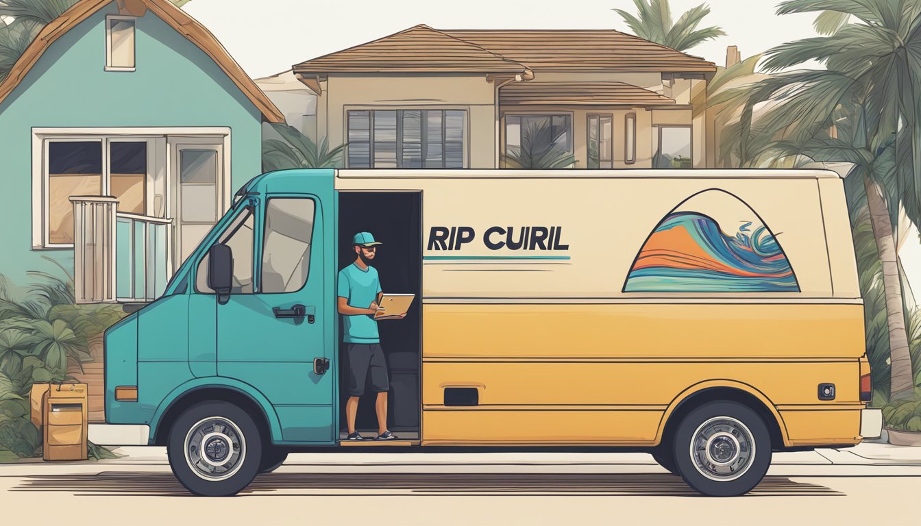 A laptop displaying the Rip Curl website with a variety of products. A delivery truck parked outside a house with a package being handed to a smiling customer