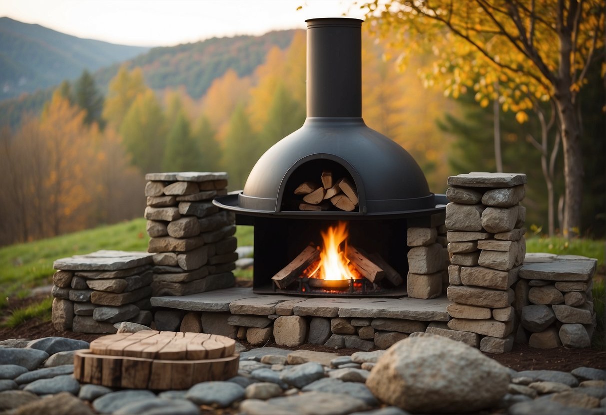 A sturdy wooden structure with a chimney, surrounded by rocks and a fire pit. A water bucket and ladle hang nearby