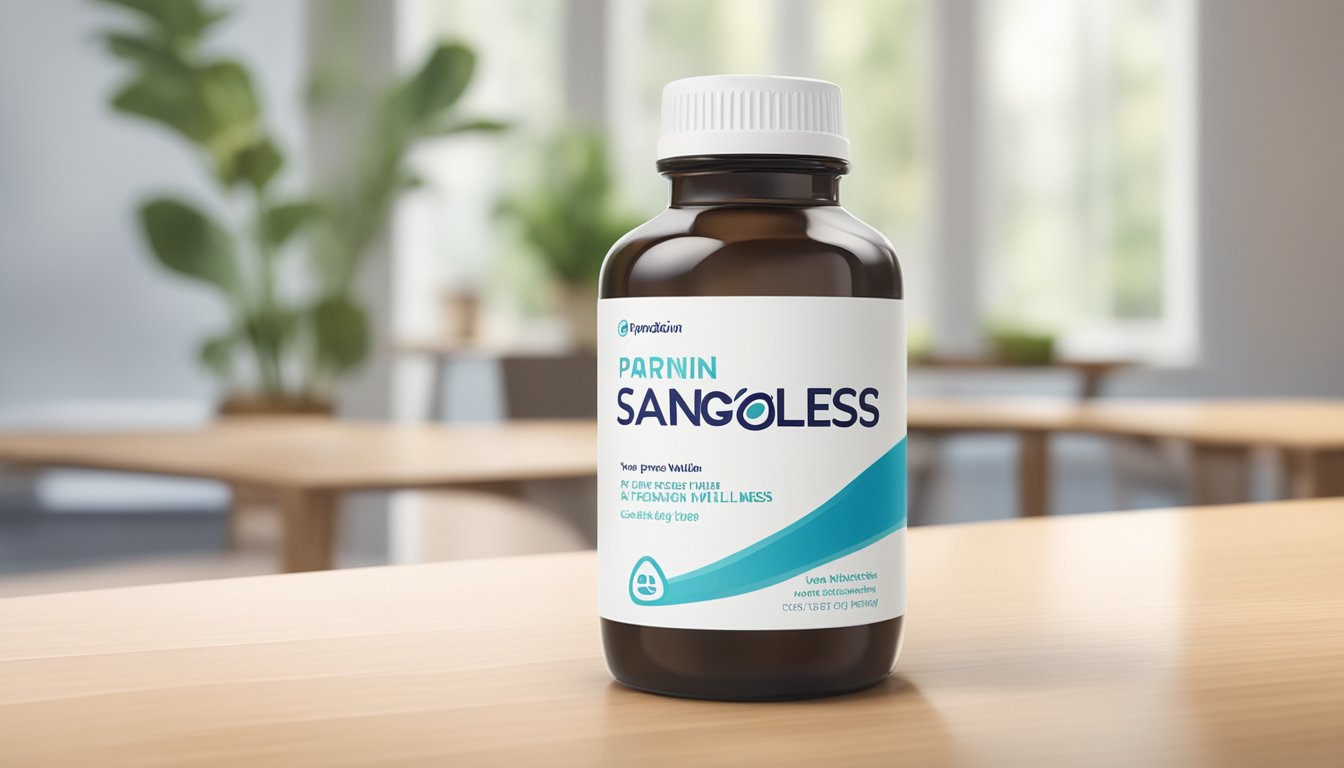 A bottle of Sangobion sits on a clean, well-lit table. The label is bright and inviting, with the words "Your Partner in Wellness" prominently displayed