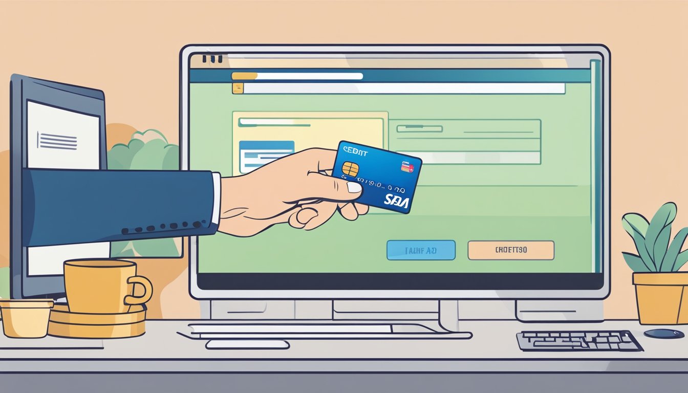 A hand holding a credit card, clicking "buy now" on a computer screen displaying an SD card