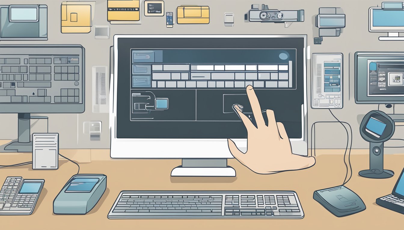A hand reaches out to select an SD card from a display of various options, with a computer and camera in the background