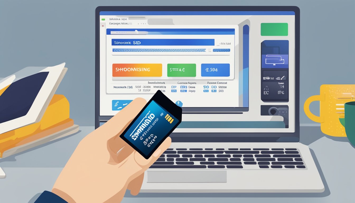 A hand inserts an SD card into a device, with a computer screen in the background showing the words "Maximising SD Card Performance." An online shopping website for buying SD cards is visible on the screen