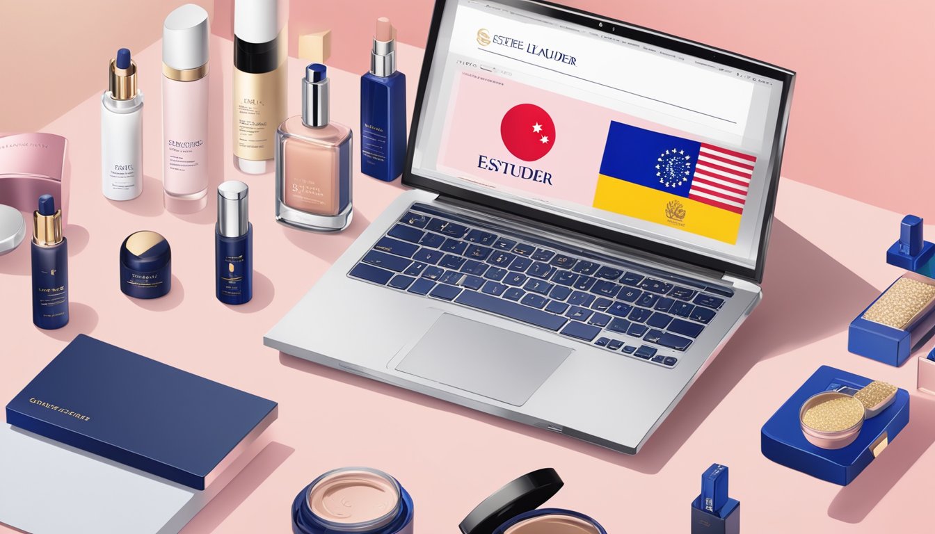 A laptop displaying the Estee Lauder website with the Singapore flag in the background, surrounded by various beauty products and a secure online payment option