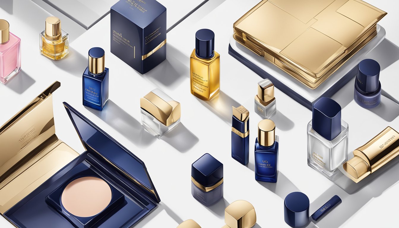 A table displays Estée Lauder's beauty products. A laptop shows "buy estee lauder online singapore." A sleek, modern aesthetic prevails