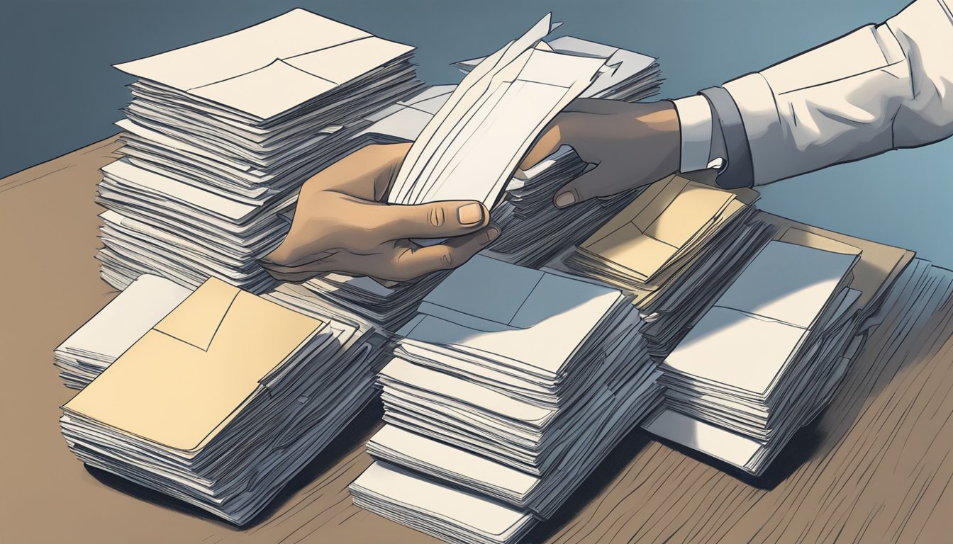 A hand reaches for a stack of envelopes, examining each one closely before selecting the perfect one. The light catches the metallic sheen of the chosen envelope, highlighting its quality